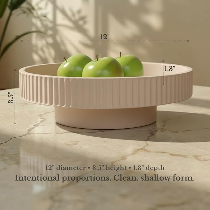 JUPTR Concrete Fruit Bowl (12") – Shallow Fluted Pedestal Decorative Centerpiece Bowl for Table, Entryway Catch-All & Modern Home Decor – Heavyweight Stone Bowl (Beige)