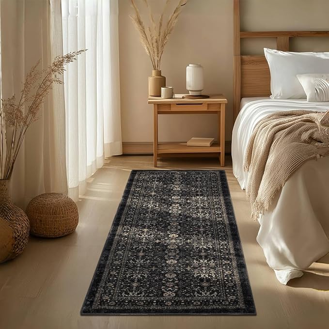 Ruaruarug Washable Area Rug Runner 2×6 for Kitchen Living Room Bedroom, Ultra Soft Non Slip Stain & Fade Resistant, Pet & Kids Friendly, Suitable for High Traffic Areas Easy to Clean, Black Grey