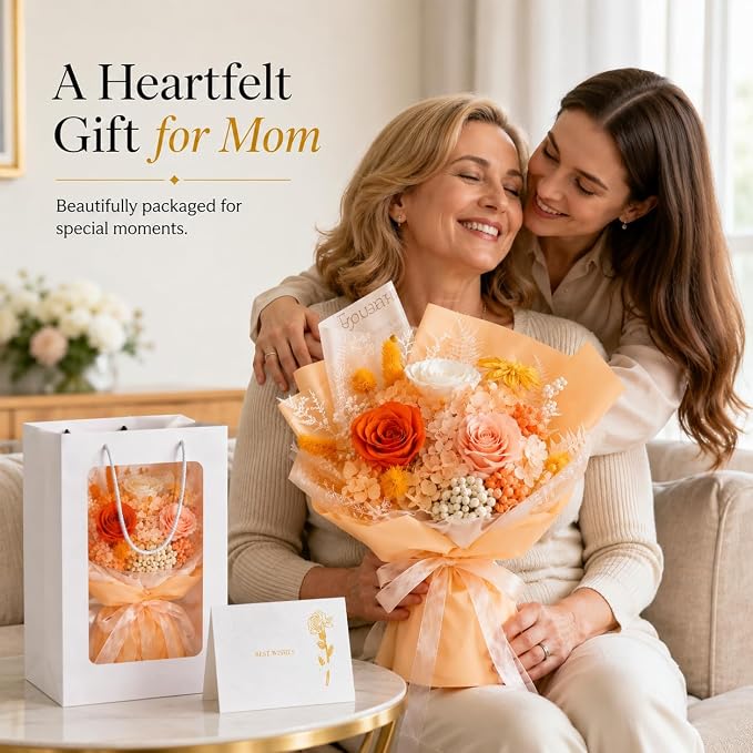 Preserved Champagne Rose Bouquet, 100% Real Flowers for Women Mother Wife, Long-Lasting Eternal Cream Roses with Gift Box, Forever Flowers for Anniversary Birthday Mother's Day, Lasts 3-5 Years