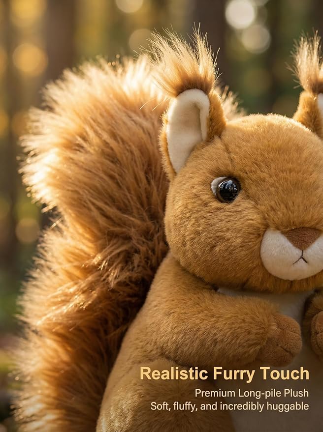 MaoGoLan 4Pcs Squirrels Plush Toys with 3 Baby Squirrels, Realistic Stuffed Animals for Small Hand, Adorable Squirrel Plushie Gift for Forest Animal Lover,Girls,Boys,Kids,Baby Shower,Brown