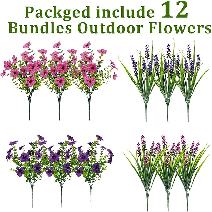 12 Bundles Artificial Flowers Outdoor Silk Fake Plants UV Resistant Faux Plastic Greenery Shrubs for Home Outside Garden Front Porch Window Box Pot Planters Decor (Double Purple)