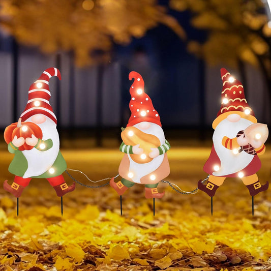 WONDER GARDEN 3 PCS Fall Yard Sign Metal Gnomes Decorative Garden Stakes with Led Lights Autumn Harvest Pumpkin Thanksgiving Garden Lawn Porch Patio Decorations Outdoor