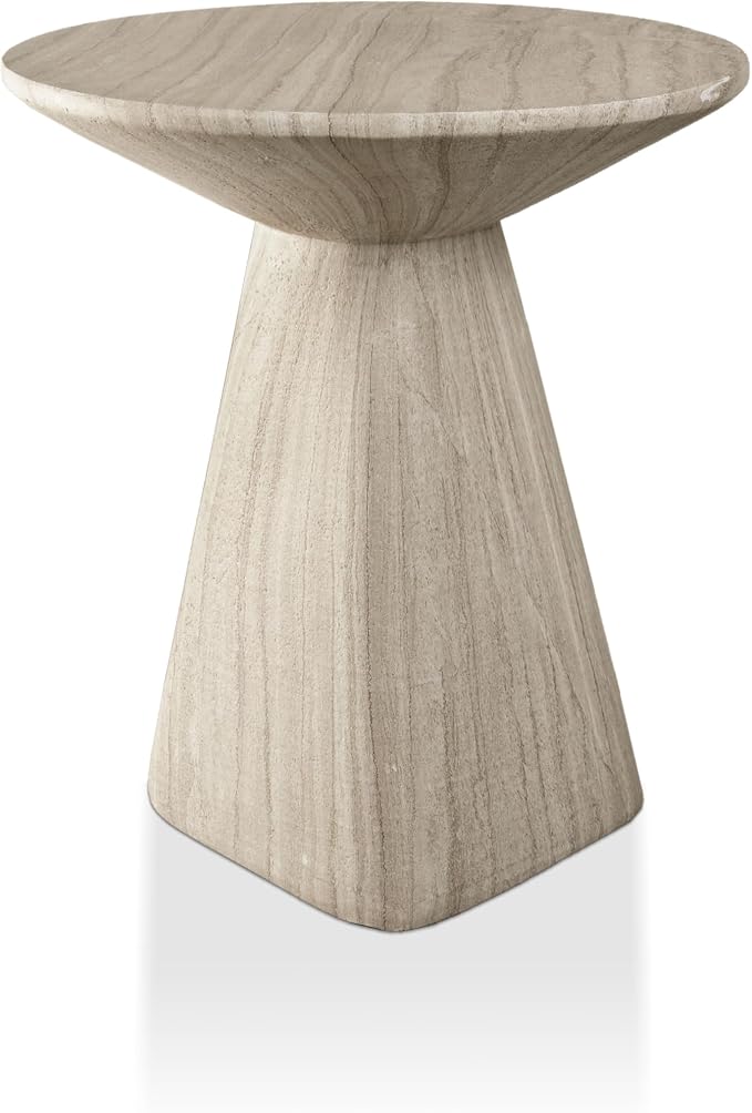 24/7 Shop at Home Ranera Modern 18-inch Natural Stone Side Table with Angular Pedestal Base, Marble Nightstand, Geometric Patio End Table, for Living Room, Covered Outdoor Spaces, Beige Travertine
