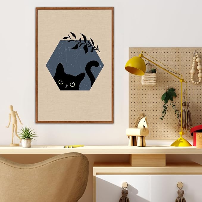 LHIUEM Boho Black Cat Framed Canvas Wall Art,Abstract Cute Animal Wall Decor,Modern Funny Kitty Painting,Beige Dark Leaves Artwork for Living Room,Bedroom,Dining Room -16"x24"x3