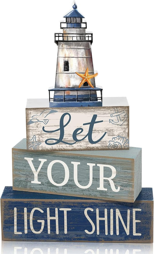 Lineshading 4 Pcs Beach Coastal Table Decor Wooden Lighthouse Decoration with Starfish Summer Tiered Tray Decor Blue and White Ocean Centerpieces Rustic Beach House Nautical Decorations for Home Shelf