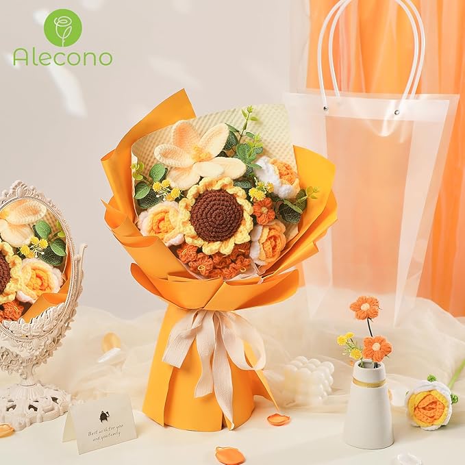 Alecono Crochet Flower Bouquet, Orange Knitted Flowers, Crochet Sunflower Flower for Lover Valentines Day Anniversary Birthday Party Mother's Day Graduation Gifts (Include Card)