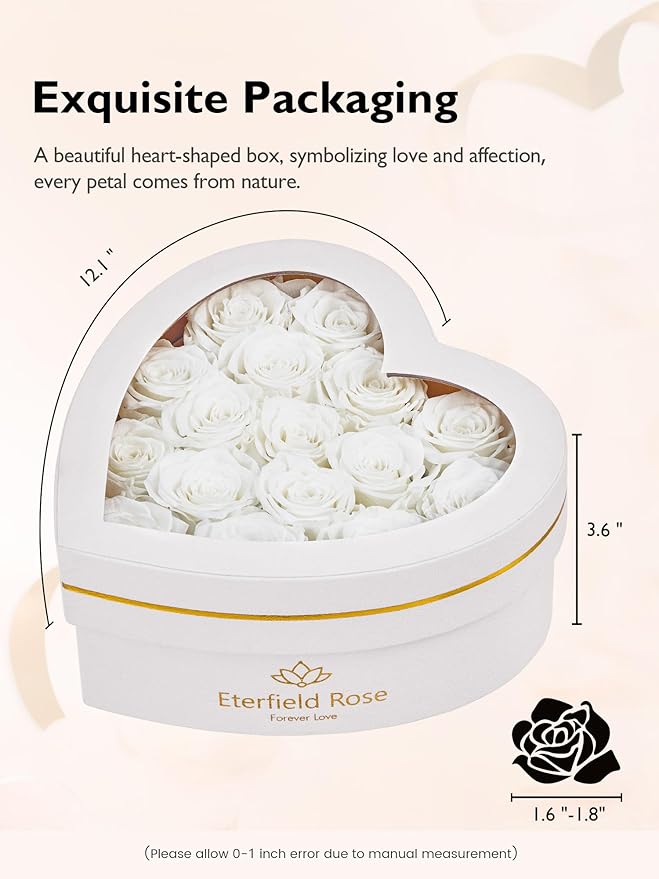 Eterfield 16 Forever Flowers in Heart Shape Box, Preserved Roses That Last a Year Preserved Flowers Birthday Gifts for Her Mom Women Wife Anniversary Valentines Day Mothers Day Christmas, White