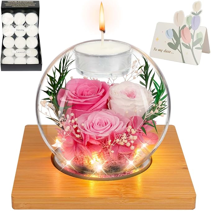 ENERLEAF Preserved Pink Real Rose in Glass with Scented Candles–Eternal Flower Romantic Anniversary Mothers Day Christmas Birthday Valentines Day Gifts for Her, Women, Wife, Girlfriend, Mom, Grandma