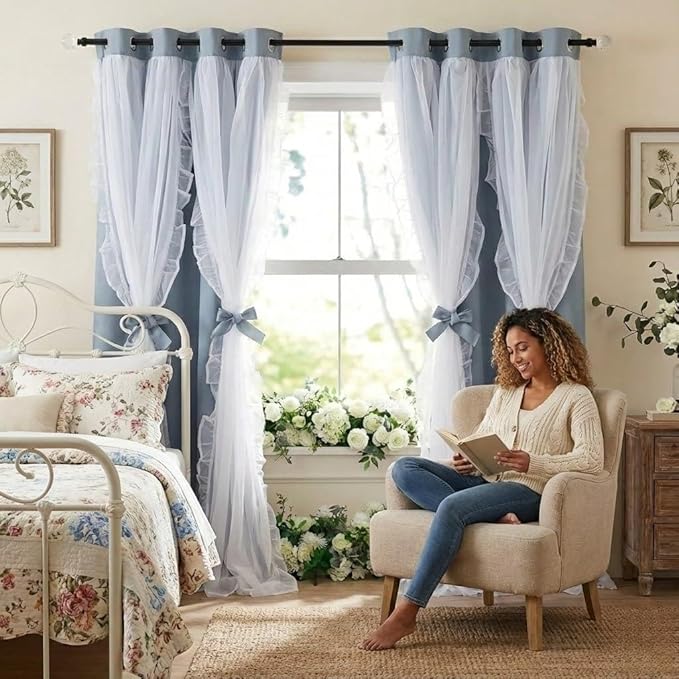 PONY DANCE Ruffle Curtains Double Layers Sheer Overlay Elegant Decoration for French Country Rustic Design Window Covering with Tiebacks, 52" Wide x 95" Long, Pigeon Blue, 2 Panels
