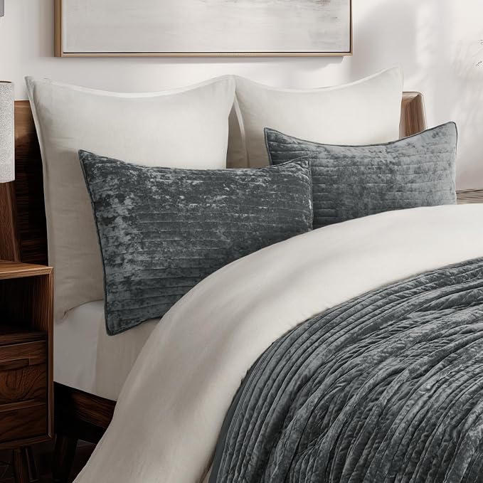 EverGrace Velvet Quilt Set Queen Size, Luxurious Soft Striped Channel Bedding Set, Lightweight Velvet Comforter for All Season, Oversized Bedspread Coverlet with 2 Matching Shams, Charcoal Gray