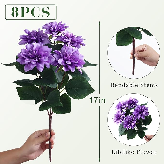 VIERENA 8 Bundles Artificial Dahlia Flowers for Outdoors Spring Summer Decor, No Fade Silk Flower Faux Dahlias Plant Arrangement for Home Garden Balcony Farmhouse（Purple）