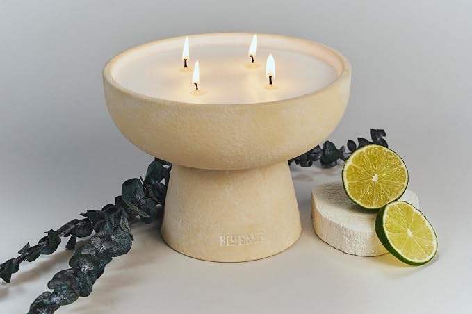 Blueme Focus Candle | Eucalyptus & Lime | 4 Wick - Refillable Wellness Candle with Essential Oils, Hand Finished & Poured Soy Wax Blend Ceramic Vessel, Natural Cotton Wicks | Large 24 oz