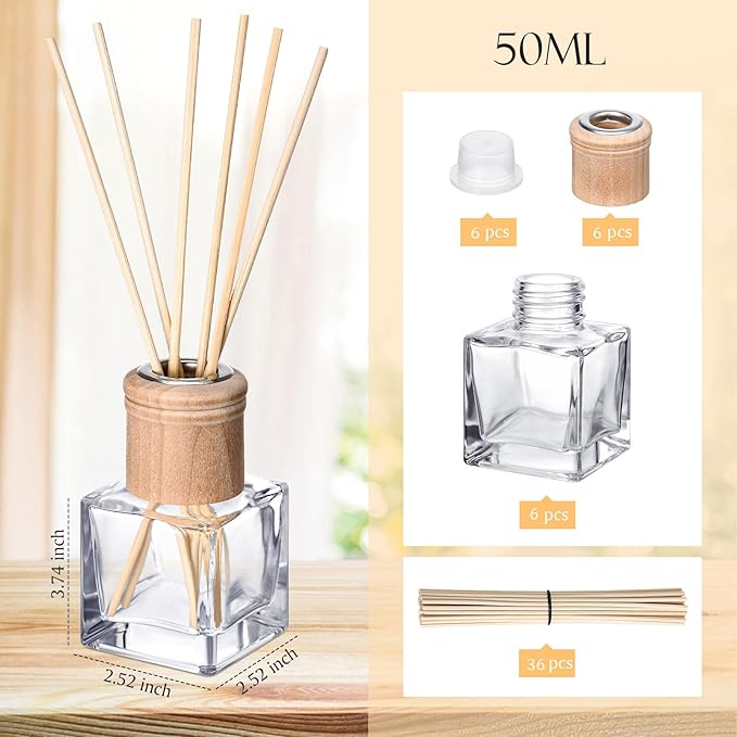 Roshtia 6 Set Reed Diffuser Bottle Empty Refillable Fragrance Glass Diffuser Bottles with Wooden Caps Rattan Sticks 50ml 1.7 oz Square Glass Jars for DIY Fragrance