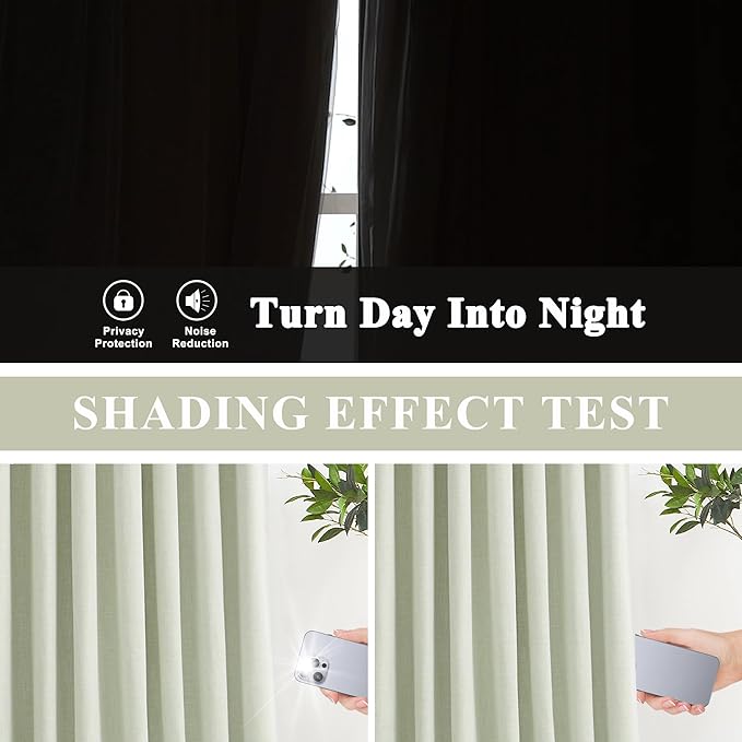 Vision Home Soft Green Pinch Pleated Full Blackout Curtains Linen Blended Room Darkening Curtain Panels 95 inch for Living Room Bedroom Thermal Insulated Pinch Pleat Drapes with Hooks 40" Wx95 Lx2