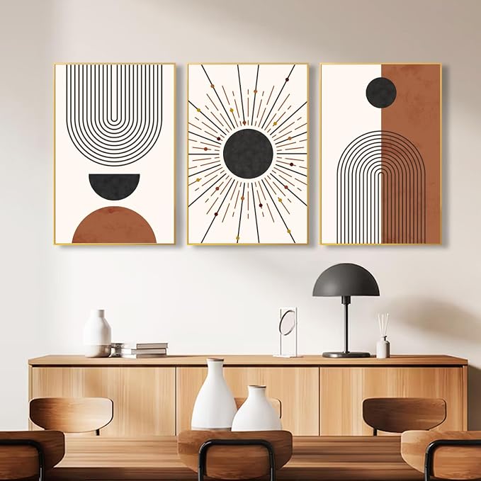 Minimalist Boho Framed Canvas Wall Art Set, Neutral Geometric Line Sun Wall Decor, Mid Century Wall Painting, Abstract Modern Bohemian Art Print for Living Room, Bedroom, Office -24"x36"x3