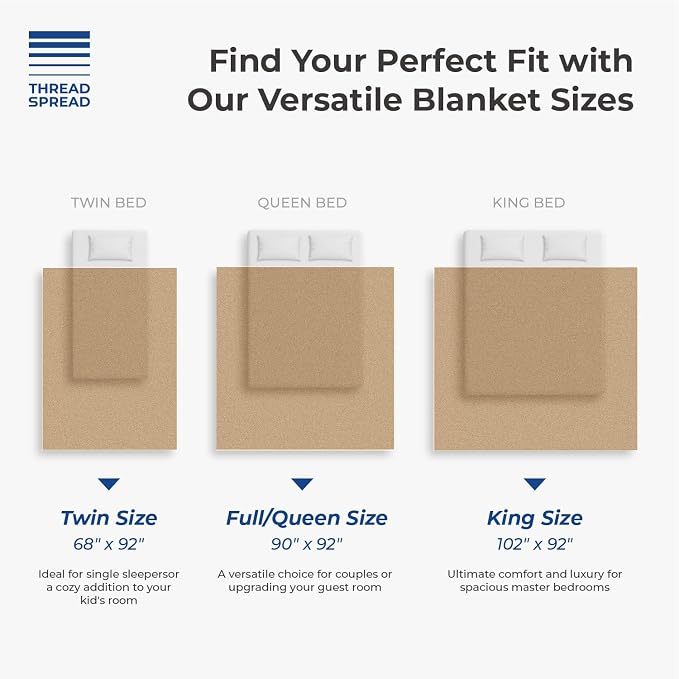 THREAD SPREAD Organic GOTS Cotton Blanket, Full/Queen - 350 GSM, Antistatic, Fuzzy Soft, Lightweight, Sofa, Camping & Travel, Perfect Herringbone All Seasons Throw, Beige + Trendy Tote Bag