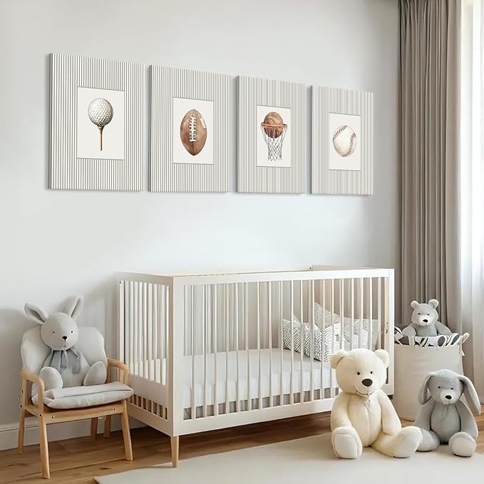 Sports Wall Art Decor Toddler Boys Room Canvas Prints Vintage Sports Nursery Wall Decor Kids Poster Football Baseball Pictures Basketball Golf Painting Artwork for Bedroom 12x16x4 Inch Ready to Hang