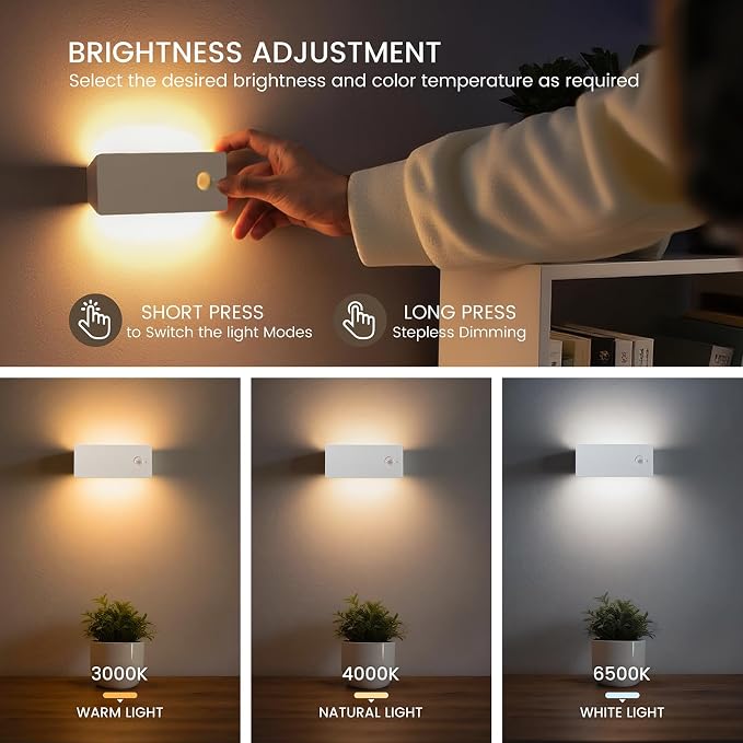 Rechargeable Battery Night Light with Motion Sensor, Cordless Battery-Powered Stick-on Magnet Toilet Lights, Soft Two-Sided Glow, 3CCT Dimmable, for Bedroom, Closet, Stairs, 3 Pack