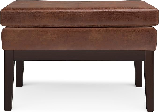 SIMPLIHOME Carlson Small Ottoman Bench - 27 inch Wide Upholstered Woven Fabric Rectangle Ottoman in Distressed Saddle Brown, Mid Century Modern Bench for Bedroom or Living Room with Padded Seat