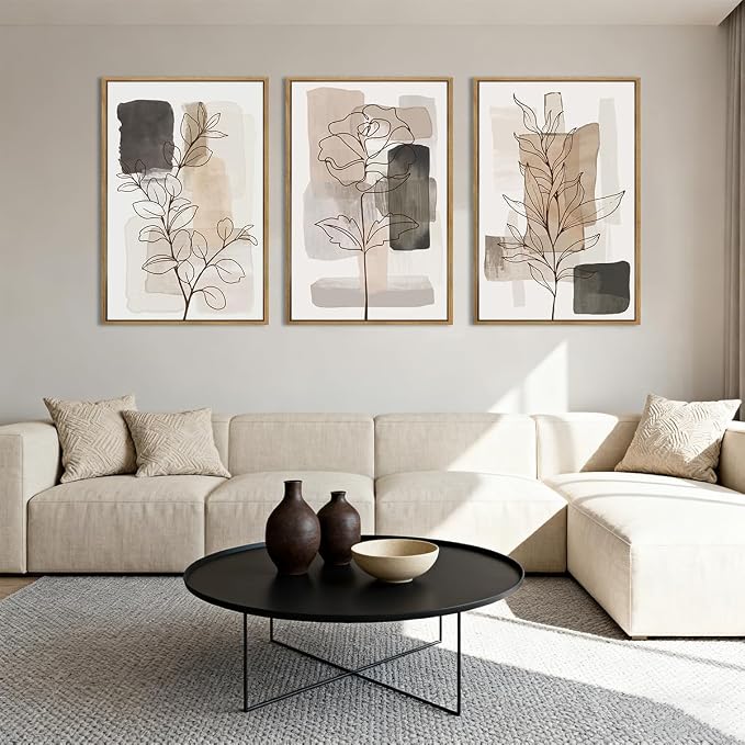 Anyzal Extra Large Neutral Floral Framed Wall Art 24x36 Inch Tan Modern botanical Canvas Wall Decor Minimalist Black Flower Prints for Living room Bedroom Dining room Set of 3