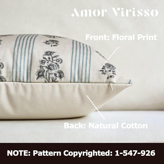 Amor Virisso Floral Throw Pillow Covers 22x22 Set of 2 Block Print Pillow Covers Neutral Floral Striped Farmhouse Decorative Pillow Covers for Sofa Couch Bed, Light Blue
