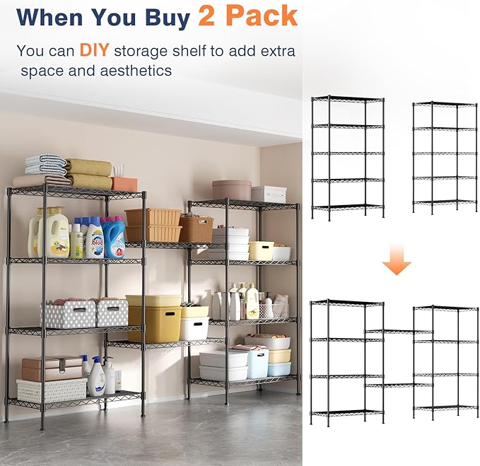 5-Tier Heavy Duty Wire Shelving Unit,35.4" Wx18 Dx71 H,Wire Shelf Racks with Wheels,Height Adjustable Storage Metal Shelves for Kitchen,Garage,Office,Living Room,Pantry,Black
