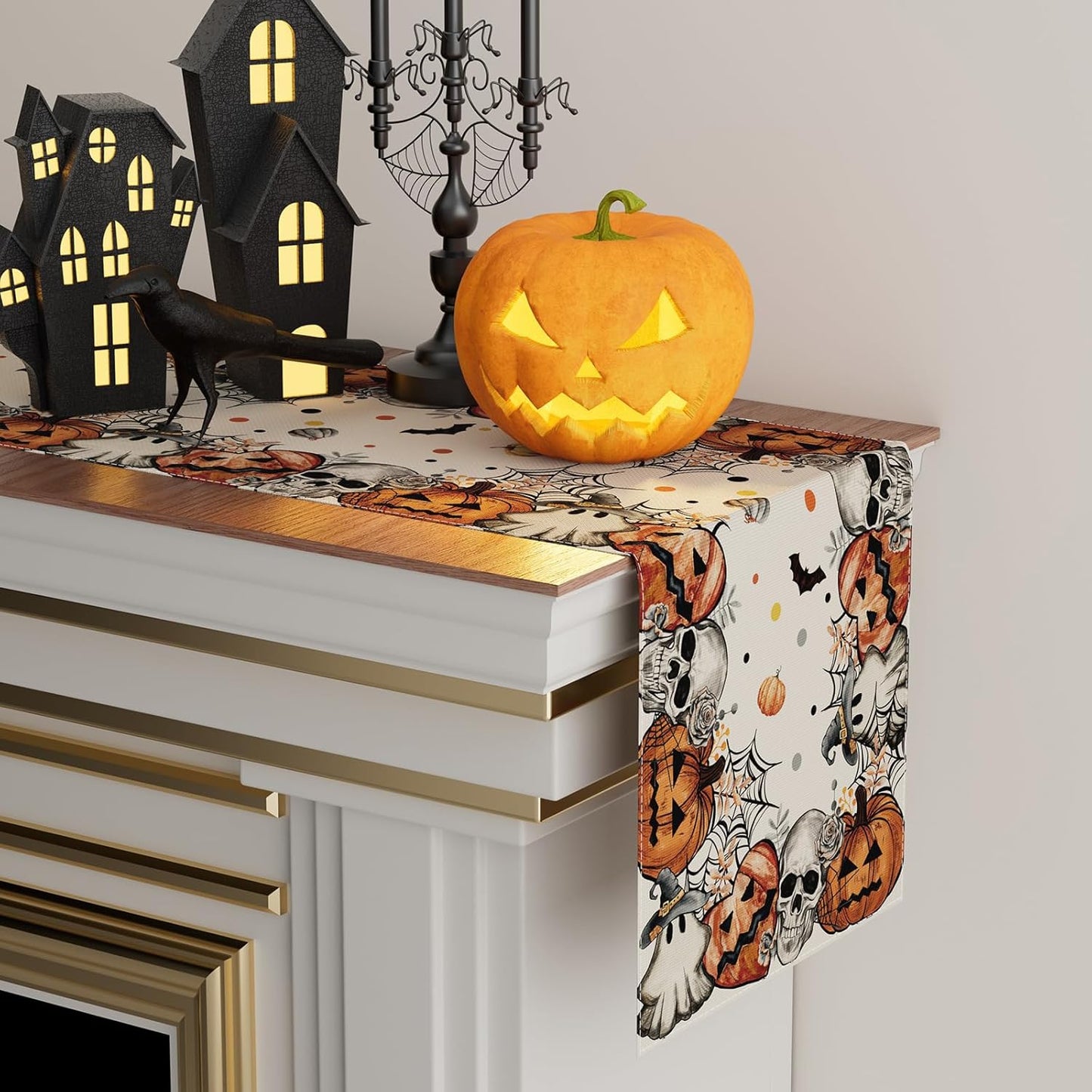 XCHI Spooky Skeleton Ghost Pumpkin Halloween Table Runner Party Table Decoration for Home Kitchen Dining Holiday Decor 13x108 Inch