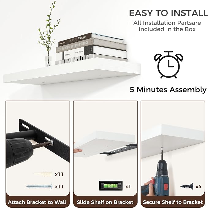 55" Wide x 10" Deep Floating Shelves for Wall, White Finish, 1-Pack | Engineered Wood Wall Shelves with Invisible Brackets for Living Room, Bedroom, Bathroom, Office & Kitchen Storage