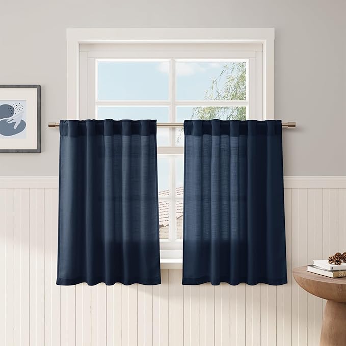 Denim Blue Kitchen Tier Curtains 24 Inch Length Linen Blend Privacy French Country Light Filtering Short Curtain with Rod Pocket Back Tab for Over Sink Window Bathroom Laundry 2 Panels 30Wx24L