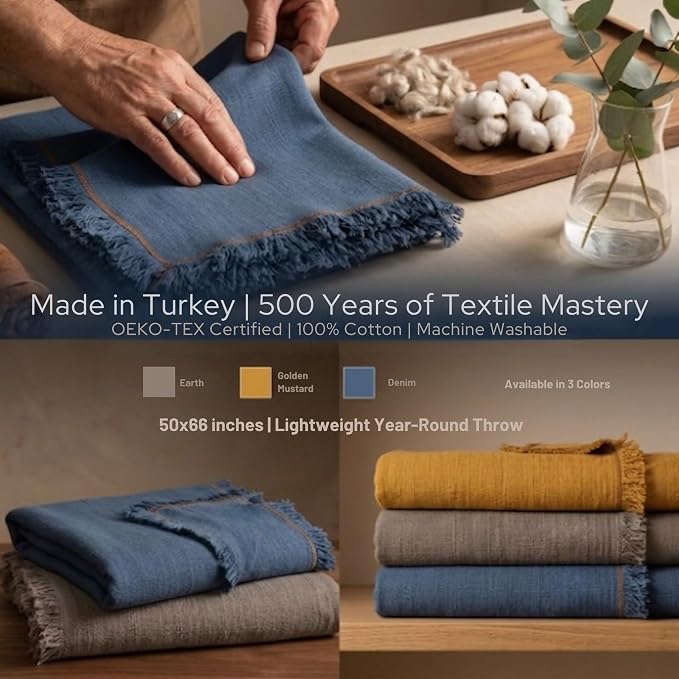 Odin Waffle Throw Blanket with Tassels, 50x66 Inch, 100% Turkish Cotton, Oeko-TEX Certified, Breathable Lightweight Throw for Couch, Sofa & Bed, Made in Turkey, Denim