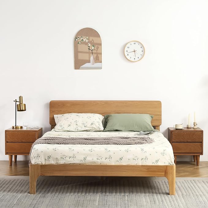 Solid Oak Wood Nightstand, Bedside Table with 2 Drawer, Mid-Century Luxury Night Stand, Modern Sofa Side End Table, Farmhouse Wooden Night Stand Bedside Table for Bedroom, Easy Assembly, Light Walnut