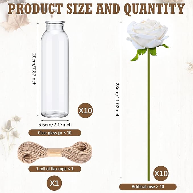 Qinyoung 10 Set Dried Pampas Grass Centerpiece for Wedding Baby Shower Party 10 Glass Flower Jars 10 Artificial Roses 80 Dried Pampas Grass with Rope for Rustic Bridal Farmhouse Decoration(White)