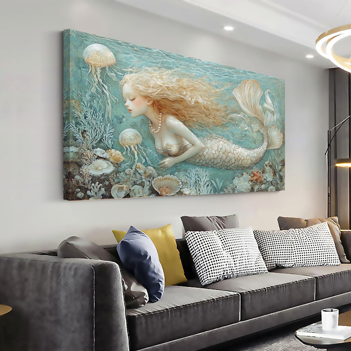 LASMOND Ocean Mermaid Wall Art for Girls Room Modern Canvas Prints Marine Organism Underwater World Sea Creatures Artwork Paintings Women Bedroom Wall Decor (40x20 Inches)