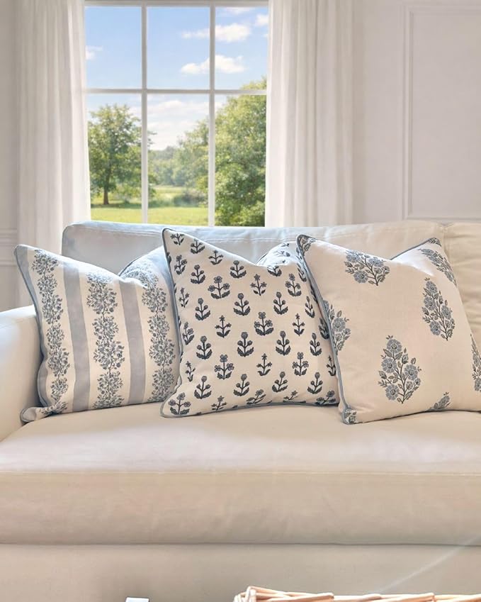 Jillien Harbor “The Camille” Floral Block Print Pillow Cover – Soft Blue and White Decorative Throw Pillow Cover – Grandmillennial Home Decor, 20" x 20"