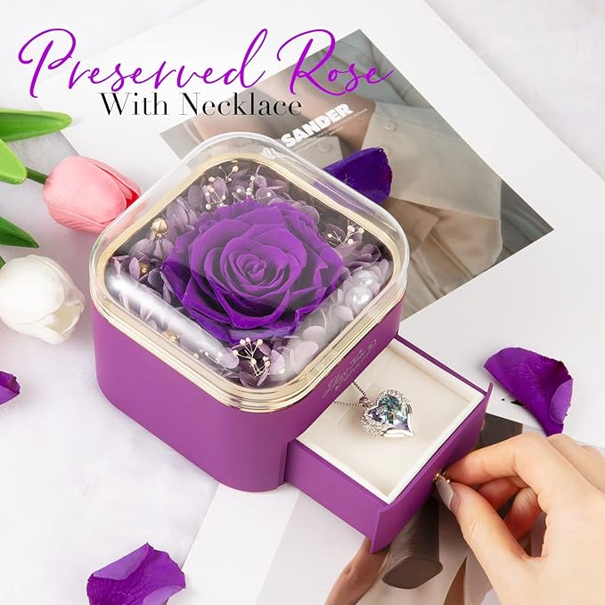 Preserved Real Purple Rose with Angle Wings Necklace, Forever Flowers Gifts for Mom Grandma Wife Girlfriend at Valentines Mothers Day, Anniversary Birthday Gifts for Women, I Love You Gifts for Her