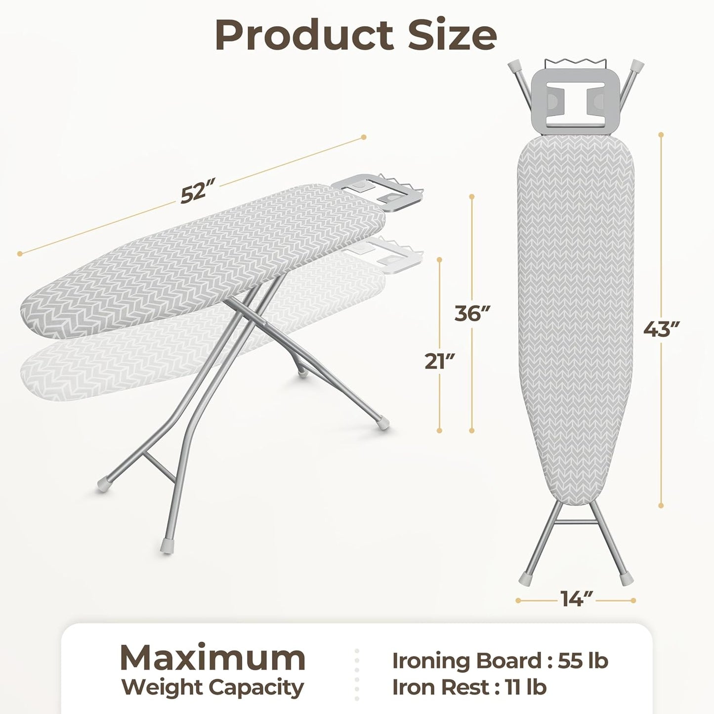 Yaheetech Foldable Ironing Board, Heavy Duty Iron Board with 9 Adjustable Heights, 4 Layer Cover and Safety Iron Rest, 52X14 Compact and Space Save Iron Board for Home Laundry Room Use, Gray&White