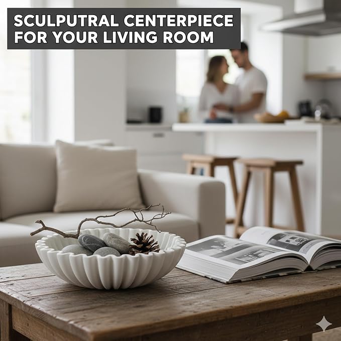 10 Inch Scalloped Ruffle Hand Poured Concrete Decorative Fruit Bowl Beige | Solid concrete wabi sabi centerpiece bowl for kitchen counter, entryway key storage & coffee table decor