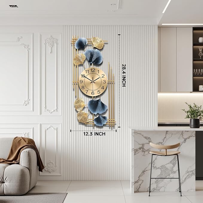 Large Wall Clocks for Living Room, Silent Non Ticking Battery Operated Oversized Square Modern Wall Clock for Bedroom Kitchen Farmhouse Office Home Wall Decor-12.3x28.4Inch(Ginkgo Leaf)
