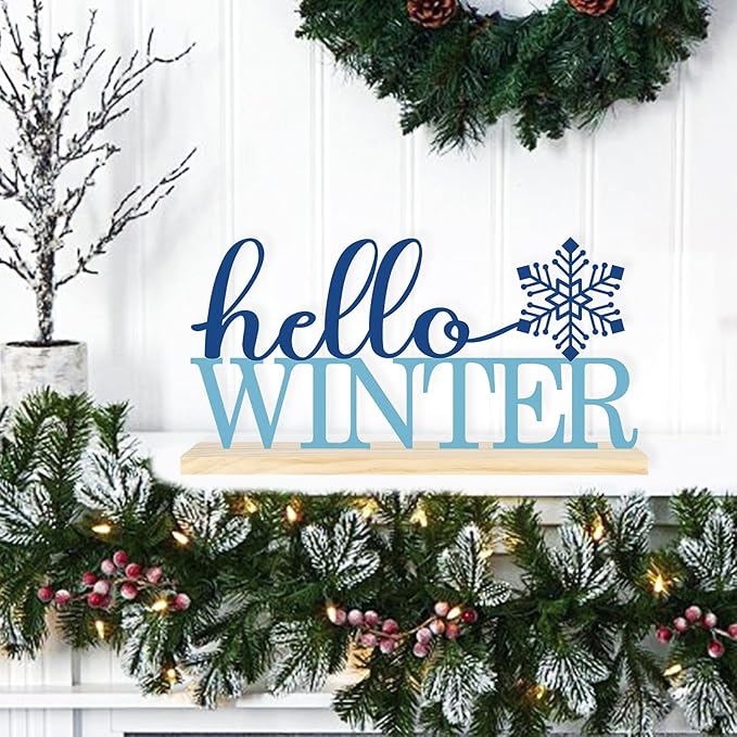 COCHIE Metal Hello Winter Sign, Snowflake Table Centerpieces Decorations for Home, Office, Shelf, Mantel, Indoor, Navy Blue Party Decor Supplies (Winter)
