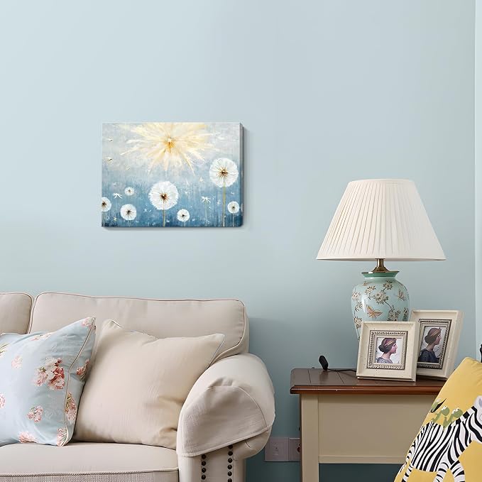 Nicetop Blue Dandelion Canvas Wall Art 16x12, Small Coastal Botanical Farmhouse Bathroom Decor Ready to Hang for Bedroom Living Room