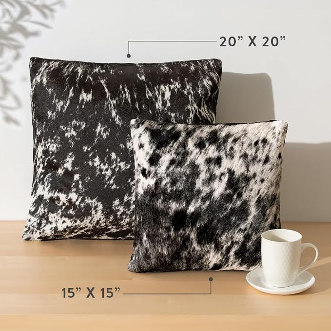 ecowhides 100% Genuine Brazilian Cowhide Pillow Cover – Black Salt and Pepper – Single-Sided – Luxury Leather Decorative Cushion for Rustic & Western Home Décor – 20” x 20”