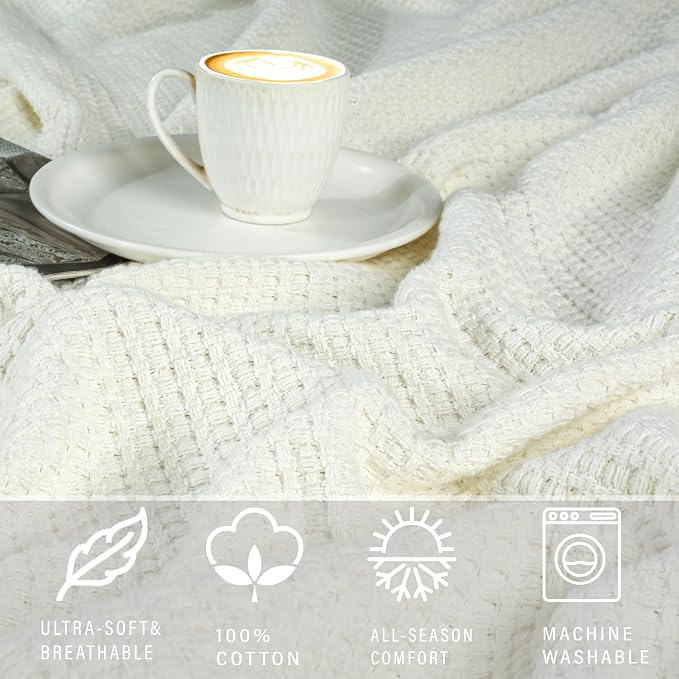 TreeWool Premium 100% Cotton Waffle Summer King Blanket (90"x108", Ivory) | 420 GSM Breathable Lightweight Moisture Wicking Soft Knit Thermal Blanket for Bed or Sofa All-season Comfort Machine Washable