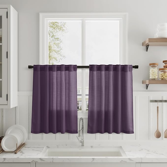 Nanspring Plum Linen Kitchen Curtains 30 Inch Length 2 Pack Semi Sheer Linen Blend Minimalist Light Filtering Short Drapes Back Tab Rod Pocket for Small Windows Cafe Bathroom Laundry 36Wx30L