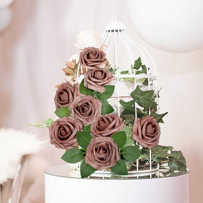 Mocoosy 50Pcs Artificial Rose Flowers, Dusty Roses for Decorations, Real Touch Fake Foam Rose Bulk with Stems DIY Wedding Bouquets, Bridal Shower, Mother's Day Floral Arrangements Party Table Decor