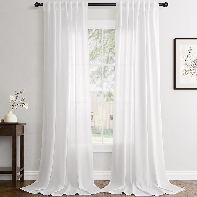 Jowels White Linen Curtains 90 Inch Long 2 Panels for Living Room | Light Filtering Semi Sheer Curtain, Back Tab Pocket Pleated Look, Boho Farmhouse Textured Privacy Drapes for Bedroom Window