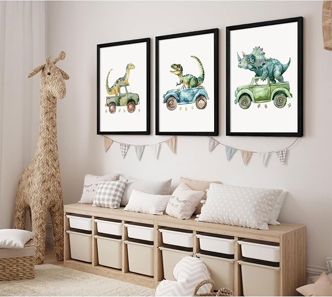 Dinosaur Nursery Wall Art Kids Canvas Poster Baby Boy Nursery Wall Decor Green Dino Pictures Toddler Prints Cartoon Dino Car Painting Boys Room Artwork for Bedroom Bathroom 16x24x3 Inch Wood Framed