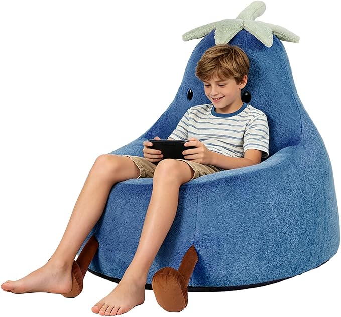 2.5FT Memory Foam Bean Bag Chair - Ultra Soft Faux Rabbit Fur Round Sofa with Handle & Machine Washable Cover, Comfy Lazy Chair for Kids Teens, Perfect for Reading Gaming in Living Room Bedroom，Navy