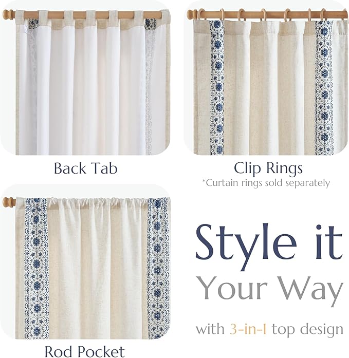 jinchan Weslie Boho Lined Linen Curtains for Bedroom Blue Vintage Floral Farmhouse Curtains 84 Inches Long Linen Drapes for Living Room Embroidered Drapes Rod Pocket Blue on Beige 2 Panels