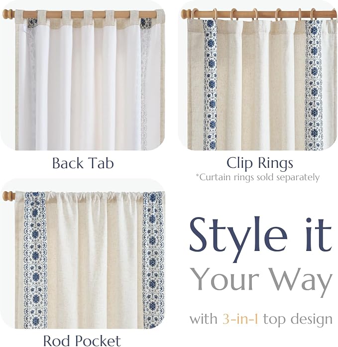 jinchan Weslie Boho Lined Linen Curtains for Bedroom Blue Vintage Floral Farmhouse Curtains 90 Inches Long Linen Drapes for Living Room Embroidered Drapes Rod Pocket Blue on Beige 2 Panels