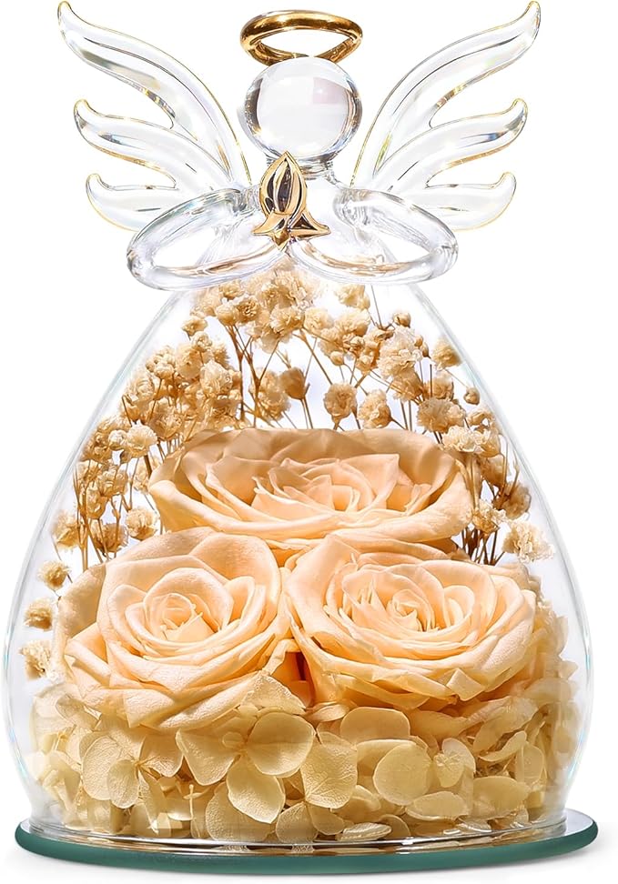 Beferr Mothers Day Mom Birthday Gifts for Women, Fresh Flowers for Delivery Forever Preserved Rose in Glass Angel Figurine, Anniversary Christian Real Rose for Grandma Nana Wife Mum from Daughter Son